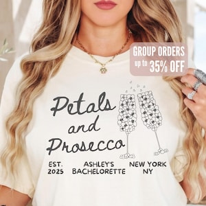 Camisetas de despedida de soltera con pétalos y prosecco, camiseta personalizada para el brunch de la fiesta nupcial.