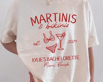 Martinis & Bikinis Bachelorette Shirt, Custom Coastal Destination Bach Party Tee, Personalized Beach Girls Trip Matching Shirts