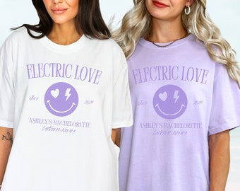 Bachelorette Shirts, Electric Love Bach Party TShirts, Personalized Neon Lightning Bolt Face Shirts, Custom Girls Weekend Trip T-Shirt