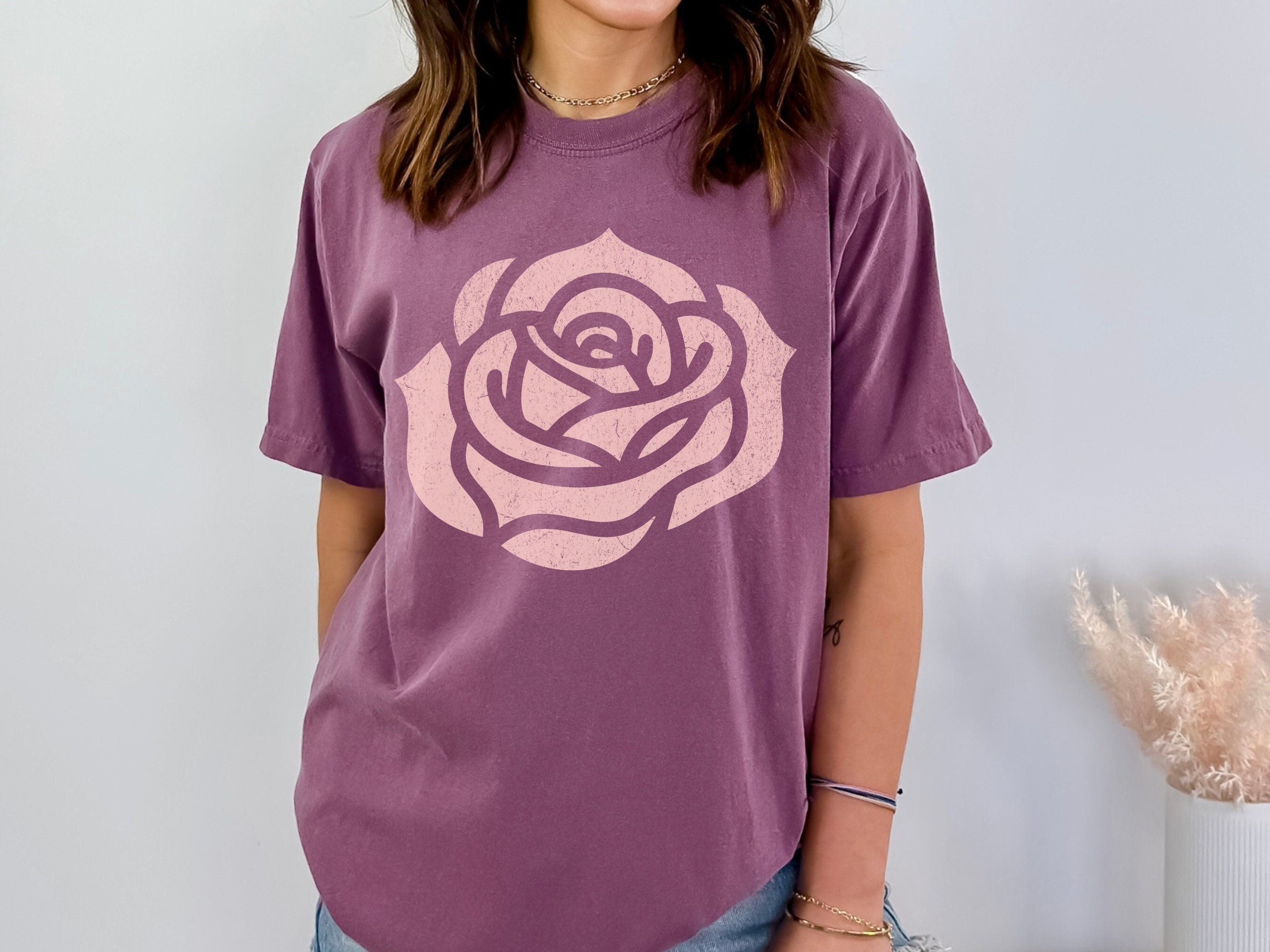 Pink Rose Shirt, Distressed Rose Bud Graphic Tee, Vintage-inspired ...