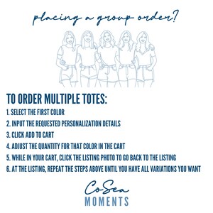 K&ouml;nnte beinhalten: Wei&szlig;es Grafikdesign mit dem Text &bdquo;placing a group order?&ldquo; und Anweisungen zur Bestellung mehrerer Tragetaschen. Das Bild zeigt eine Strichzeichnung von f&uuml;nf Personen und das CoSea Moments-Logo.