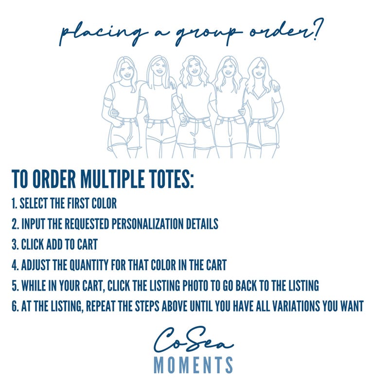 K&ouml;nnte beinhalten: Wei&szlig;es Grafikdesign mit dem Text &bdquo;placing a group order?&ldquo; und Anweisungen zur Bestellung mehrerer Tragetaschen. Das Bild zeigt eine Strichzeichnung von f&uuml;nf Personen und das CoSea Moments-Logo.