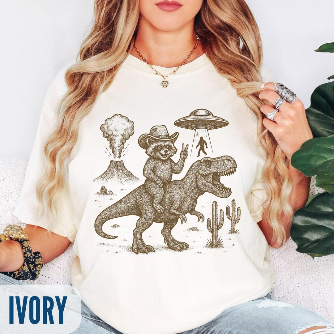 Cowboy Raccoon Riding T-rex T-shirt, Desert UFO, Funny Meme Tee - Etsy