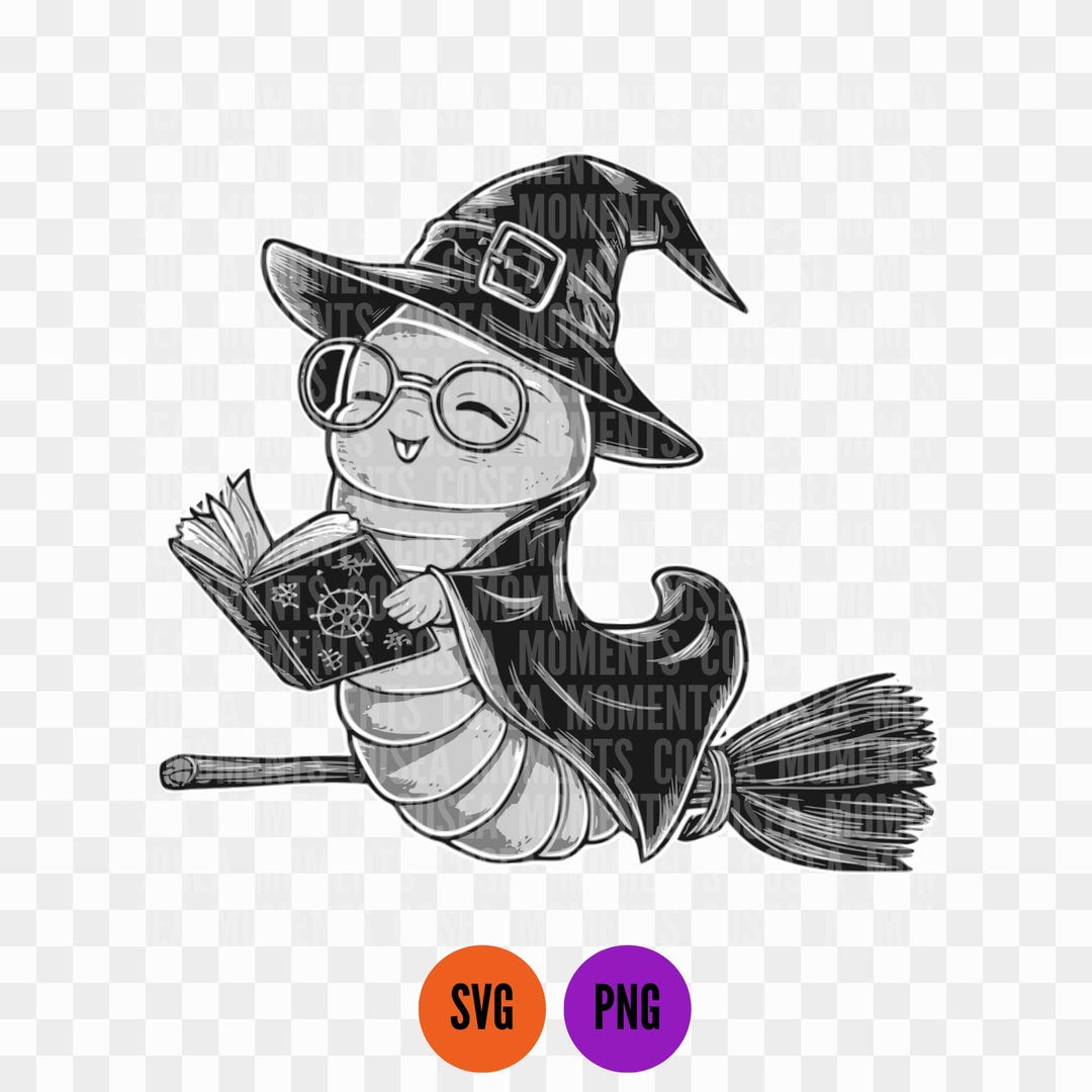 Cute Halloween Bookworm SVG PNG, Spooky Witch Reading Worm Graphic ...