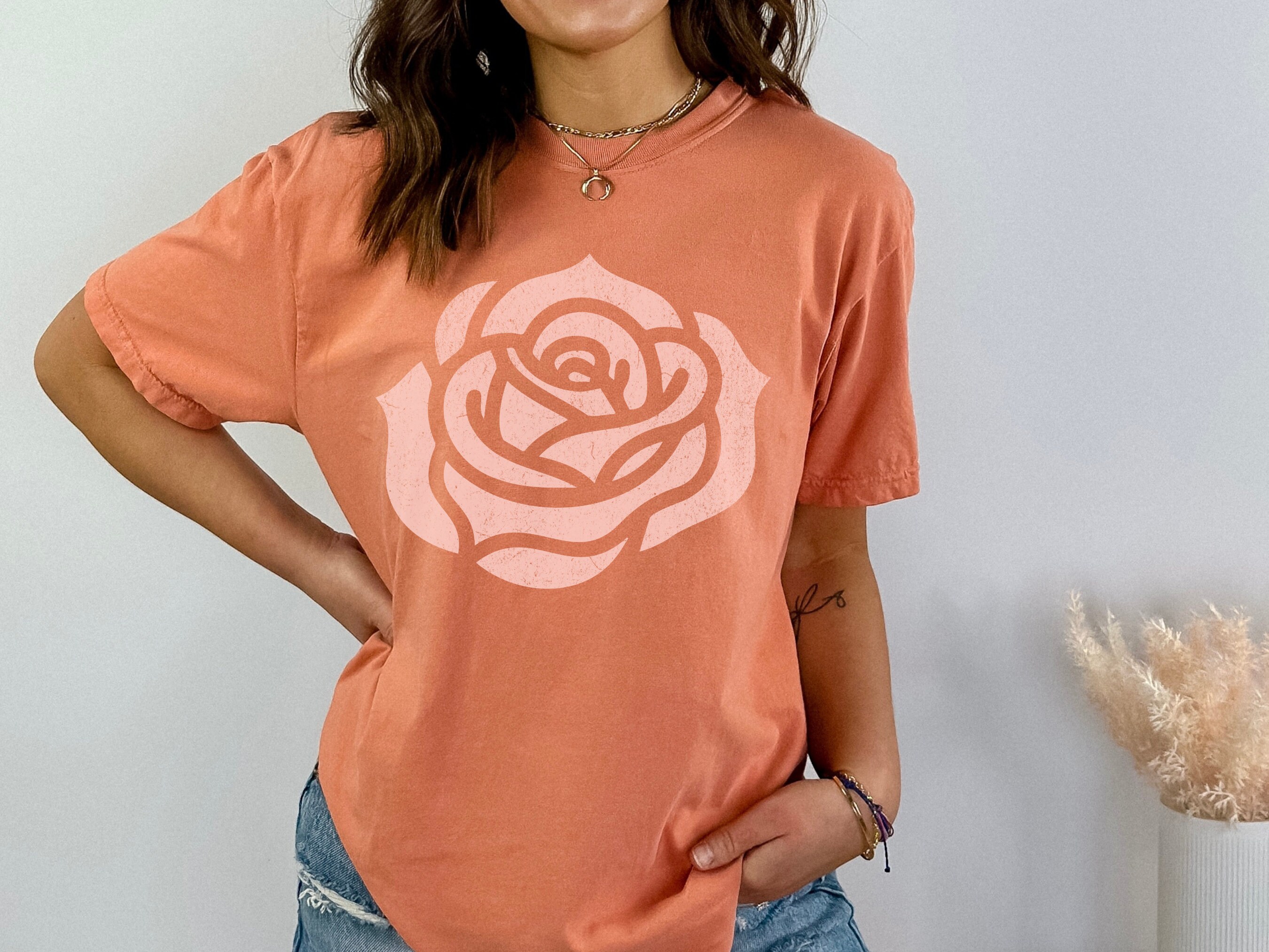 Pink Rose Shirt, Distressed Rose Bud Graphic Tee, Vintage-inspired ...