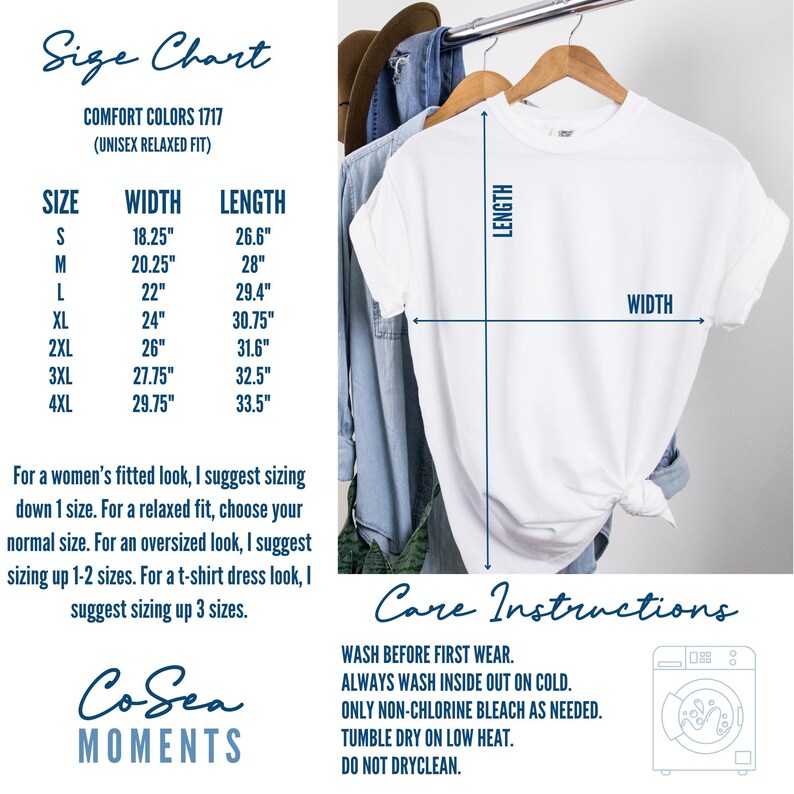 Puede incluir: Tabla de tallas para una camiseta unisex con medidas en pulgadas. La tabla muestra el ancho y la longitud de la camiseta en diferentes tallas, de la S a la 4XL. La tabla tambi&eacute;n incluye instrucciones de cuidado para la camiseta, como lavarla del rev&eacute;s con agua fr&iacute;a y secarla en la secadora a baja temperatura.