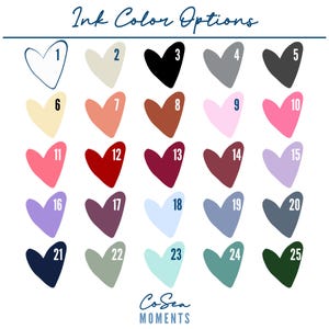 Puede incluir: Una tabla de 25 opciones de color de tinta para un regalo personalizado. Cada color est&aacute; representado por una forma de coraz&oacute;n con un n&uacute;mero del 1 al 25. La tabla est&aacute; titulada "Ink Color Options".