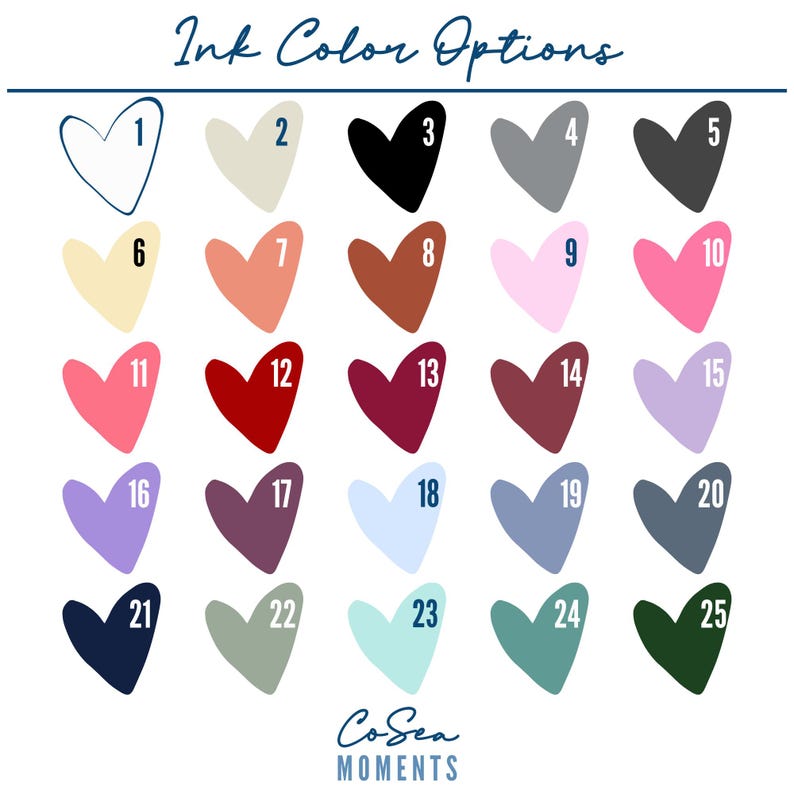 Puede incluir: Una tabla de 25 opciones de color de tinta para un regalo personalizado. Cada color est&aacute; representado por una forma de coraz&oacute;n con un n&uacute;mero del 1 al 25. La tabla est&aacute; titulada "Ink Color Options".