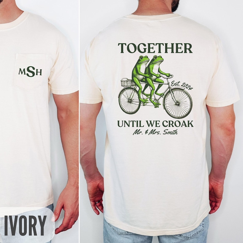 Funny Bride & Groom Shirts, Personalized Frog Couple Honeymoon Shirt, Wedding Gift for Newlyweds, Together Until We Croak Ivory