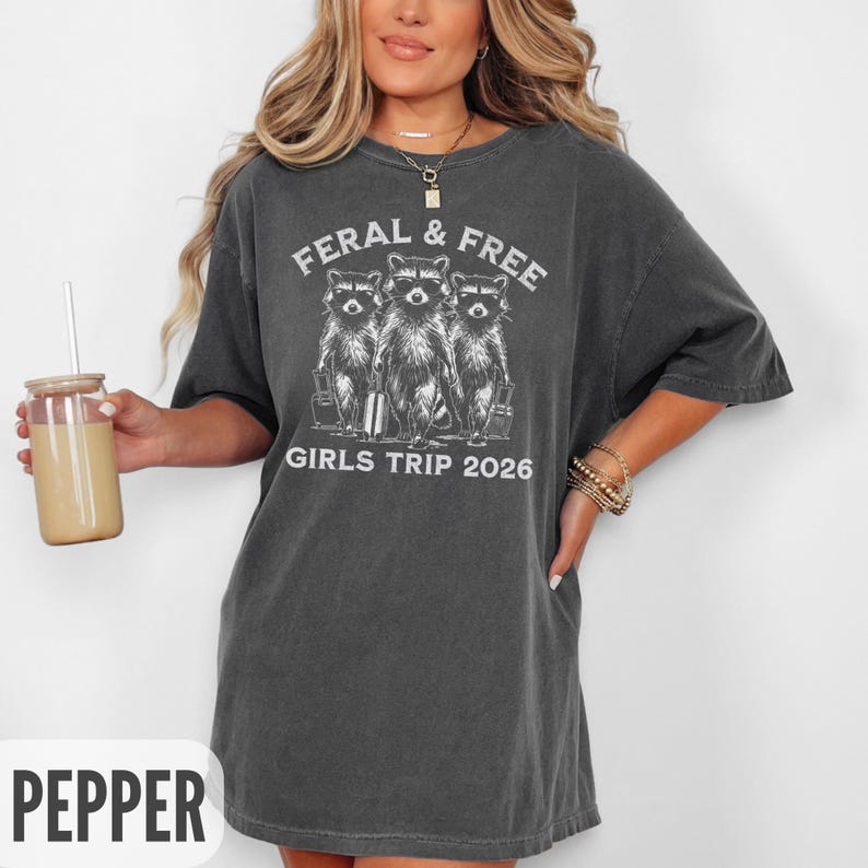 Feral Girls Trip Shirts 2026, Funny Raccoon Gang T-Shirt, Girl Vacation Weekend Matching Travel TShirts, Airport Besties Group Shirt Pepper