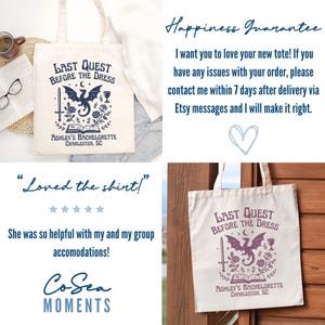 K&ouml;nnte beinhalten: Beige Tragetasche mit dem Text "LAST QUEST BEFORE THE DRESS" und einer lila Drachenillustration. Die Tasche enth&auml;lt auch den Text "ASHLEY'S BACHELORETTE CHARLESTON, SC".