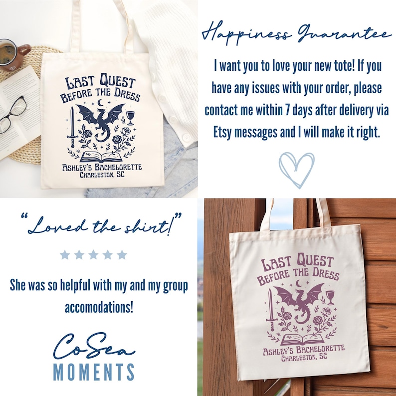 K&ouml;nnte beinhalten: Beige Tragetasche mit dem Text "LAST QUEST BEFORE THE DRESS" und einer lila Drachenillustration. Die Tasche enth&auml;lt auch den Text "ASHLEY'S BACHELORETTE CHARLESTON, SC".