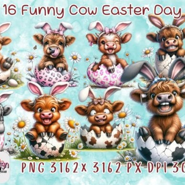 16 Funny Cows Easter Eggs Png Bundle Graphic