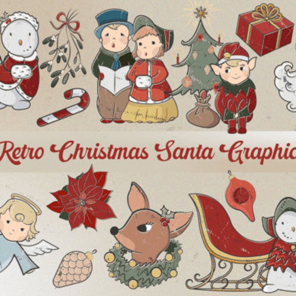 Retro Christmas Santa Graphics Set Craft Design , Merry Christmas, Crafty Craft-friendly Season , Merry Snowman Sleigh Presents Vintage