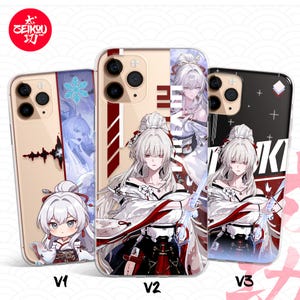 Peut inclure: Trois coques de téléphone avec des illustrations de style anime. Les coques présentent une femme aux cheveux blancs et une tenue rouge et noire. Les coques sont étiquetées V1, V2 et V3. Le coin supérieur gauche comporte un logo rouge avec du texte japonais.