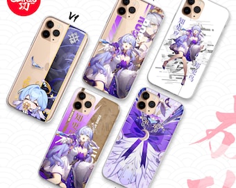 May include: Five clear smartphone cases featuring anime-style character illustrations and Japanese text. Designs include a chibi character, a singer in a white and purple outfit, and a large purple bow motif. Each case has a camera cutout and labels V1 to V5.