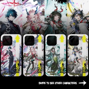 May include: Four rectangular phone cases featuring anime-style character illustrations. Each case displays a unique character with the text END FIELD and a yellow upward arrow. The characters are labeled Camille, Mi Fu, Zhuang Fangyi, and Tangtang.