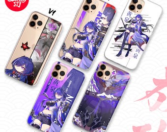 Pode incluir: Cinco capas de smartphone com ilustrações de personagens estilo anime. V1 mostra um personagem chibi, V2 e V3 exibem um personagem com tema roxo e texto, V4 tem fundo branco com um personagem e V5 um design em roxo escuro.