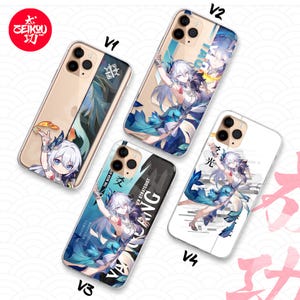 May include: Four clear phone cases with anime-style character designs. Each case features a different illustration of a female character in various poses, with blue and white color schemes. The cases have the brand logo "SEIKOU" in red.