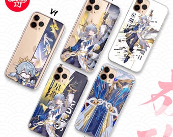 May include: Five smartphone cases featuring anime-style character illustrations. Designs include a chibi character, a standing figure with gold accents, and a blue patterned garment. Text includes V1, V2, V3, V4, V5, and Chinese characters.