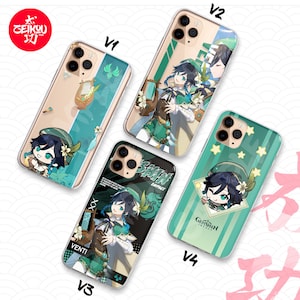 May include: Four clear phone cases featuring anime-style character illustrations in shades of teal, green, and white. Each case displays a character with dark hair, a green hat, and a lyre, with text including Venti and Genshin Impact visible.
