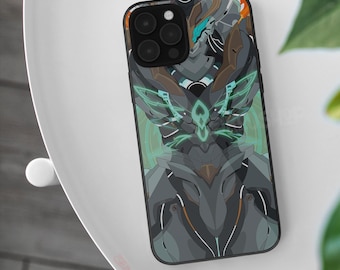 Puede incluir: Una funda de smartphone negra con una ilustración gráfica de un personaje mecánico de Honkai Star Rail. El diseño muestra una figura blindada gris y metálica oscura con acentos en color verde azulado brillante y paneles complejos.