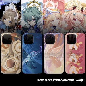 以下が含まれることがあります： アニメスタイルのキャラクターイラストとテーマ別のパターンが描かれた4つのスマートフォンケース。デザインには、ティーセット、青い抽象的なパターン、流れるような明るい色のグラフィック、ピンクの繰り返しアイコンパターンが含まれています。テキスト：SWIPE TO SEE OTHER CHARACTERS。