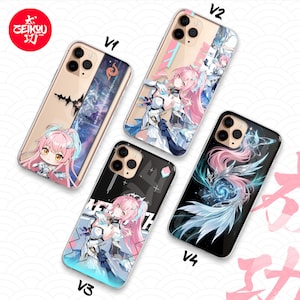 Puede incluir: Cuatro fundas transparentes para smartphone con ilustraciones de personajes estilo anime con cabello rosa y diseños de armadura complejos en azul y blanco. Las fundas muestran varias composiciones artísticas, incluyendo figuras estilo chibi, poses de acción dinámicas y patrones de energía etérea arremolinados.