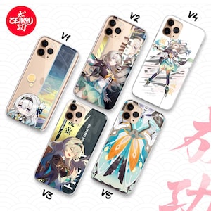 May include: A collection of clear phone cases with various anime-style character designs. Each case features a different illustration, including a girl with white hair and a blue bow, and other characters in dynamic poses. The cases are labeled V1, V2, V3, V4, and V5.