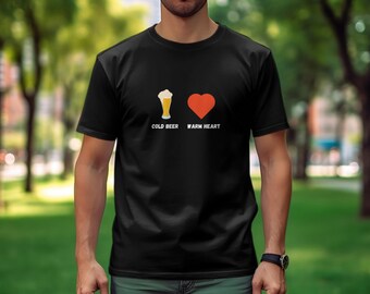 Bière froide, T-shirt graphique Warm Heart, Tee-shirt à boire décontracté, Chemise unisexe pour les amateurs de bière, T-shirt en coton confortable, Tenue de week-end amusante