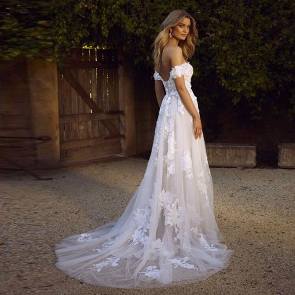 Lace off shoulders wedding dress, A line Bride Princess Dress Wedding Gown Bridal