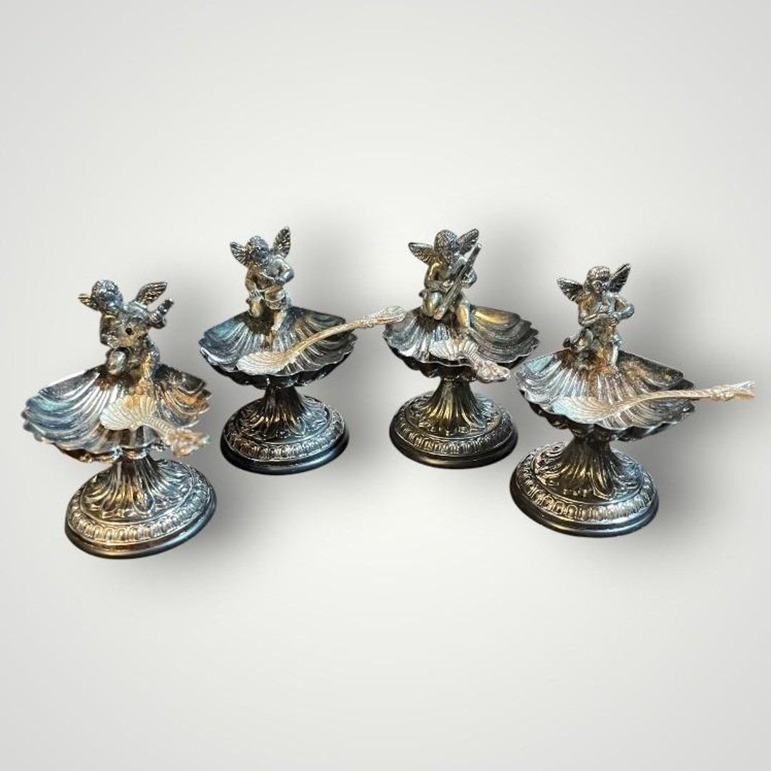Pedro Duran Silver Plate Salt Cellars Spoon Set 4 Spain Musical Cherub ...