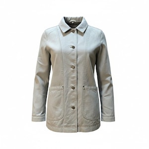 May include: A light grey button-down jacket with a collared neckline and two front pockets. The jacket has visible stitching details and brown buttons. The sleeves are long, and the jacket appears to be made of a durable fabric.