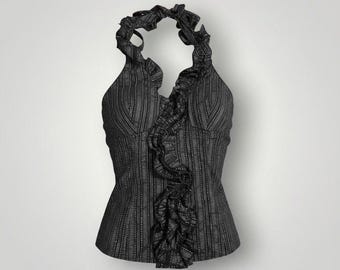 Myth NYC Vintage 90's Halter Top Women Small Black Ruffle Smocked Striped Y2K
