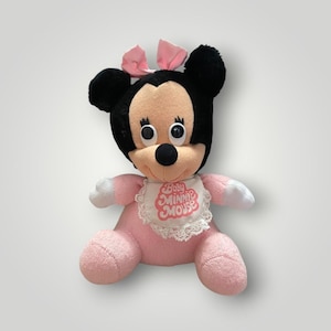 Applause Baby Minnie Mouse Plush Small Pink Vintage 1980s Disney Bib Bow Retro afbeelding 1