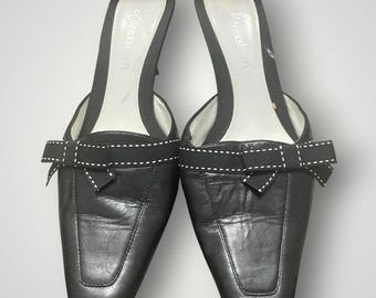 Dressbarn Mules Women 8.5 Black Leather Square Toe Bow Kitten Heel Vintage Y2K