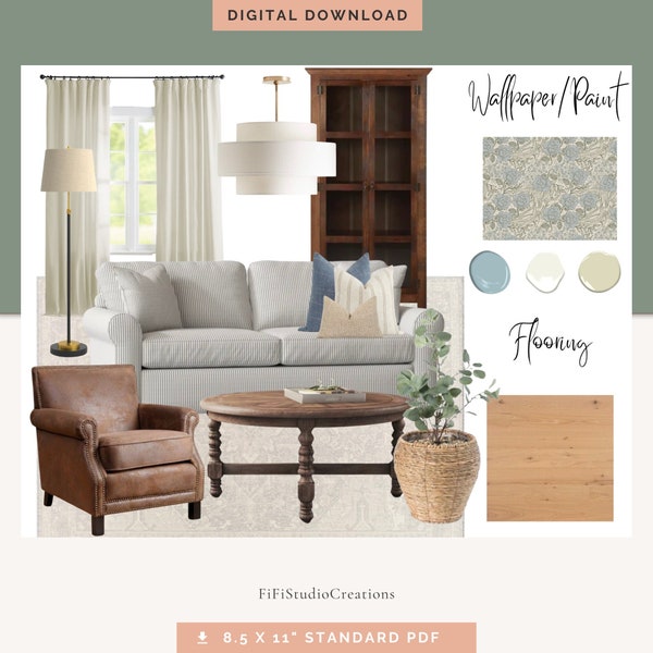 Warm Neutral Traditional Living Room E-Designed Mood Board| Room Inspiration|Renovation and Remodel| Furniture and Paint Selections