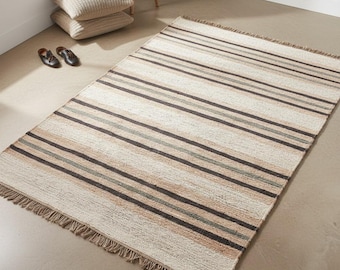 May include: A rectangular rug with horizontal stripes in shades of beige, brown, and gray. The rug has a fringed edge and is placed on a light-colored floor. The rug is a neutral color and would fit in any room.