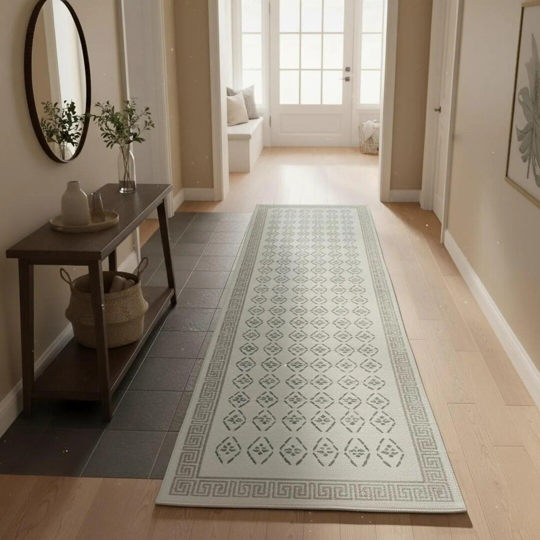 Patterned Wool Runner Rugs Handmade Wool Runner Rugs – Geometric Border Design Flatweave Carpet - Etsy