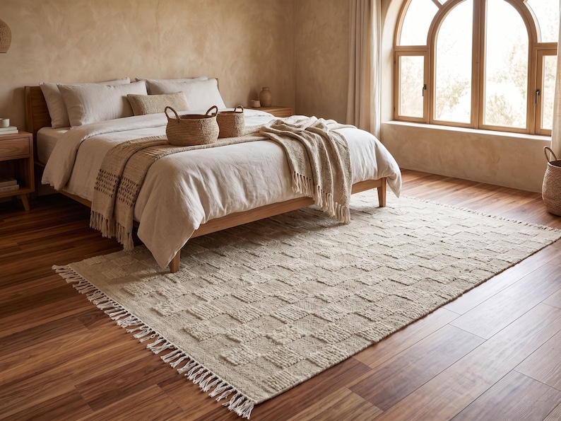 Minimalist Beige Checkerboard Area Rug - Luxury Textured Low Pile ...