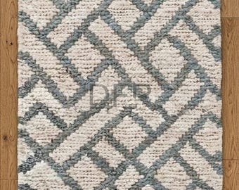 Ivory Blue-Grey Geometric Diamond Carpet - Eco-Friendly Boho Rustic Floor Art - Handwoven white Jute Area Rug