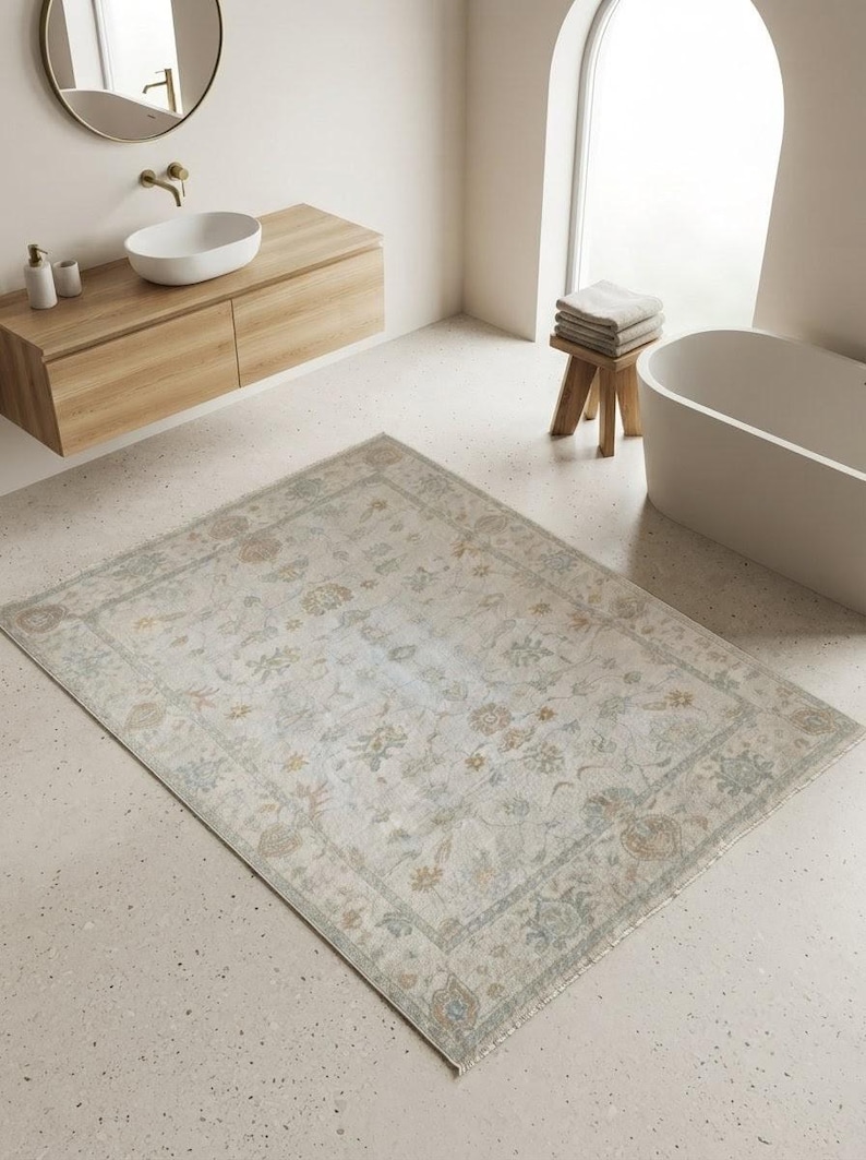 Cream Turkish Rug Soft Cream & Pastel Neutral Boho Rug - Vintage Style Floral Area Carpet ...