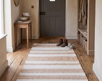 Handwoven Kilim Rug - Natural Ivory Striped Runner Rug - Coastal Boho Flatweave Area rug