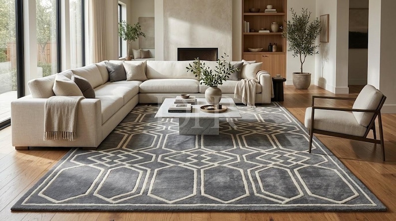 Gray Mesh Pattern Area Rug Slate Grey Area Rug - Any Custom Size Made to Order - Hand-tufted Wool ...