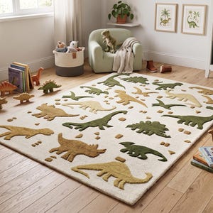 May include: A rectangular off-white rug featuring dinosaur designs in green and tan. The rug is laid on a wooden floor in a child's room, with dinosaur toys and books scattered around. The room includes a light green armchair.