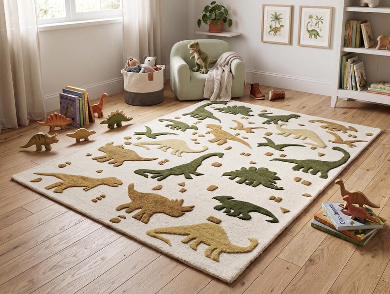 Hand Tufted Dino Wool Rug, Loop and Cut Pile, Nursery, Playroom Rug for ...