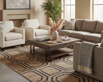 Hand Knotted Jute Rug: Geometric Octagon natural Beige and black High traffic Area rugs