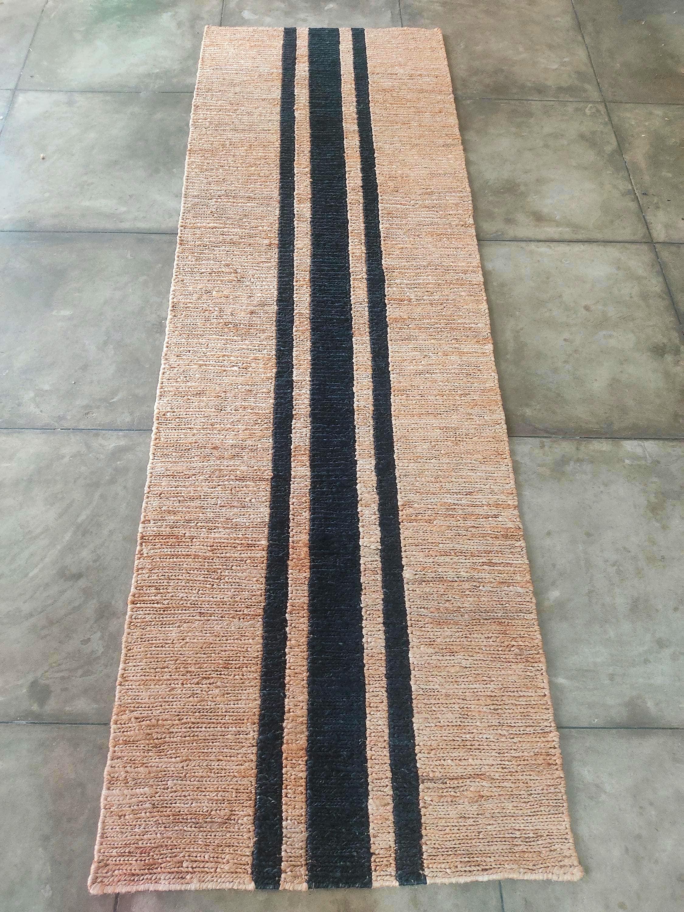 Hand Rummer Hand Knotted Jute Runner Rug • Beige and Black Hallway Carpet • Custom ...