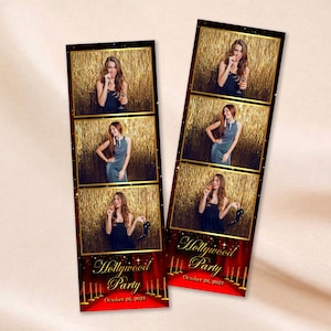 May include: A red and gold photo booth strip with four photos of a woman in a sparkly gold backdrop. The text "Hollywood Party" is written in gold script with the date "October 26, 2023" below.