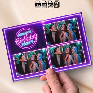 May include: A photo booth backdrop with a neon sign that says "Ashley's Birthday Party". The backdrop is a brick wall with a purple and blue neon glow. There are four photos of three women in the photo booth.